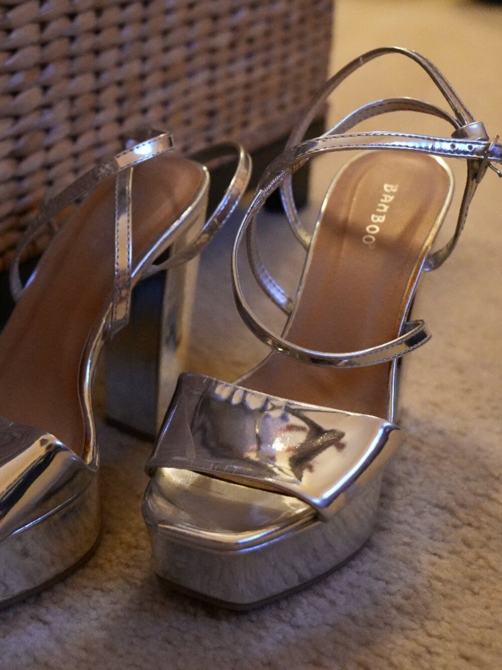 Bamboo Metallic Silver Chunky Platform Block Heels Ankle Strap Size 8.5